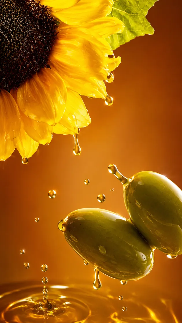 Golden oil drops with olives and sunflower