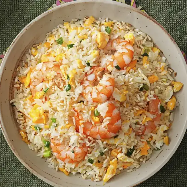 WOKWOW egg fried rice with prawns, seen from above