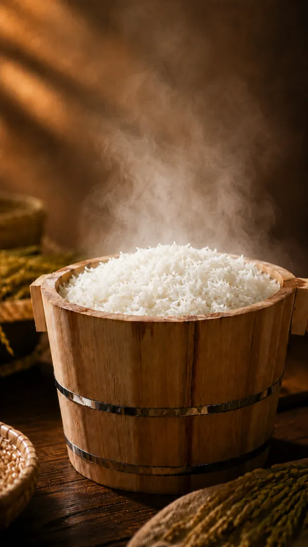 Steamed Thai jasmine rice in a wooden barrel